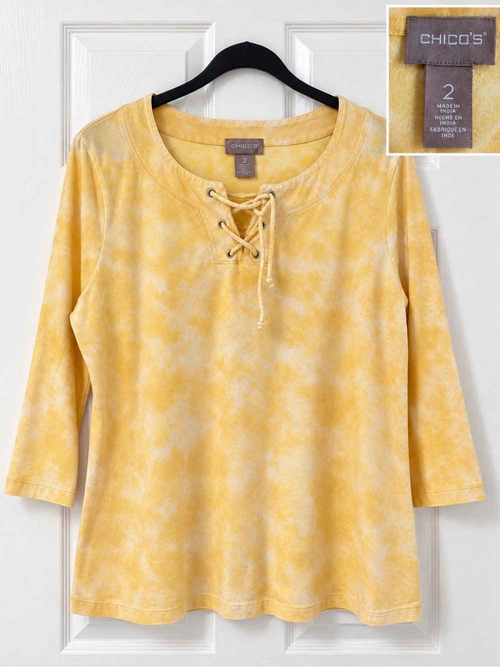 Chico’s Yellow Tie Dye Lace Up Tunic Top Size 2L 3/4 Sleeve Cotton Modal